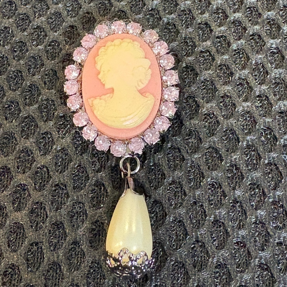 Vintage Cameo Brooch Pin with Sparkling Pink Rhinestones